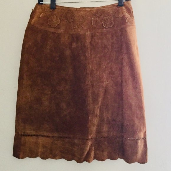 Vintage Jane Seymour Signature Cognac 100% Suede Leather Western Skirt Size 10 - Picture 1 of 6